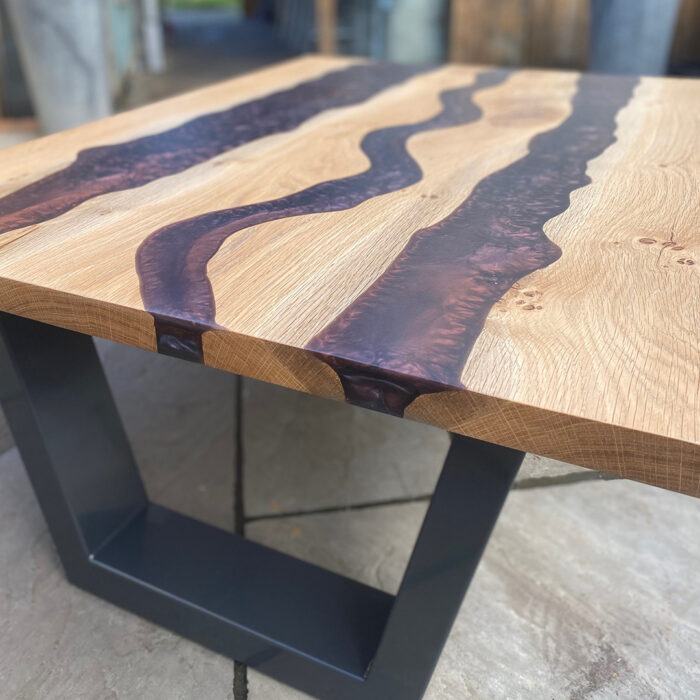 saw and pour oak coffee river table purple resin