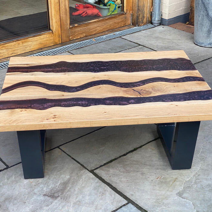 saw and pour oak coffee river table purple resin