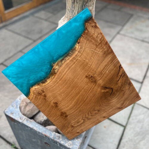 burl oak and aqua resin shopping board