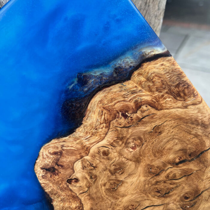 burl oak and electric blue resin shopping board