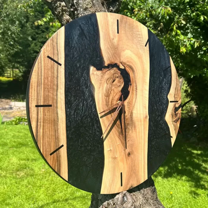 walnut and carbon black pearl resin wall clock