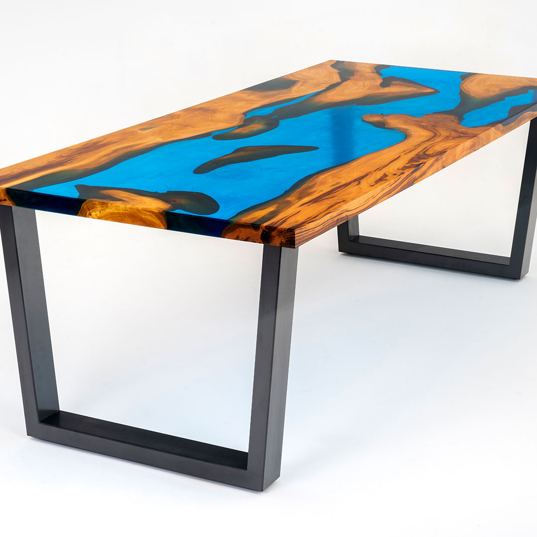 Cherry and aqua resin river table